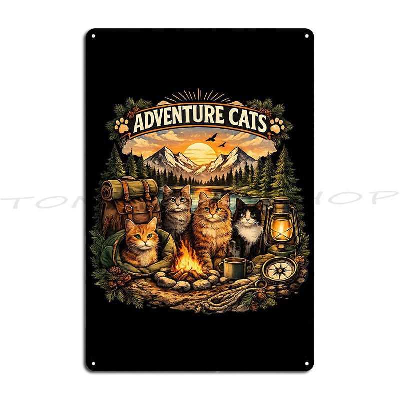 Outdoor Adventure Cinema - 冒険好きな猫たち かわいい猫好き向け アウトドアメタルプラークポスター 壁飾り 洞窟 映画館