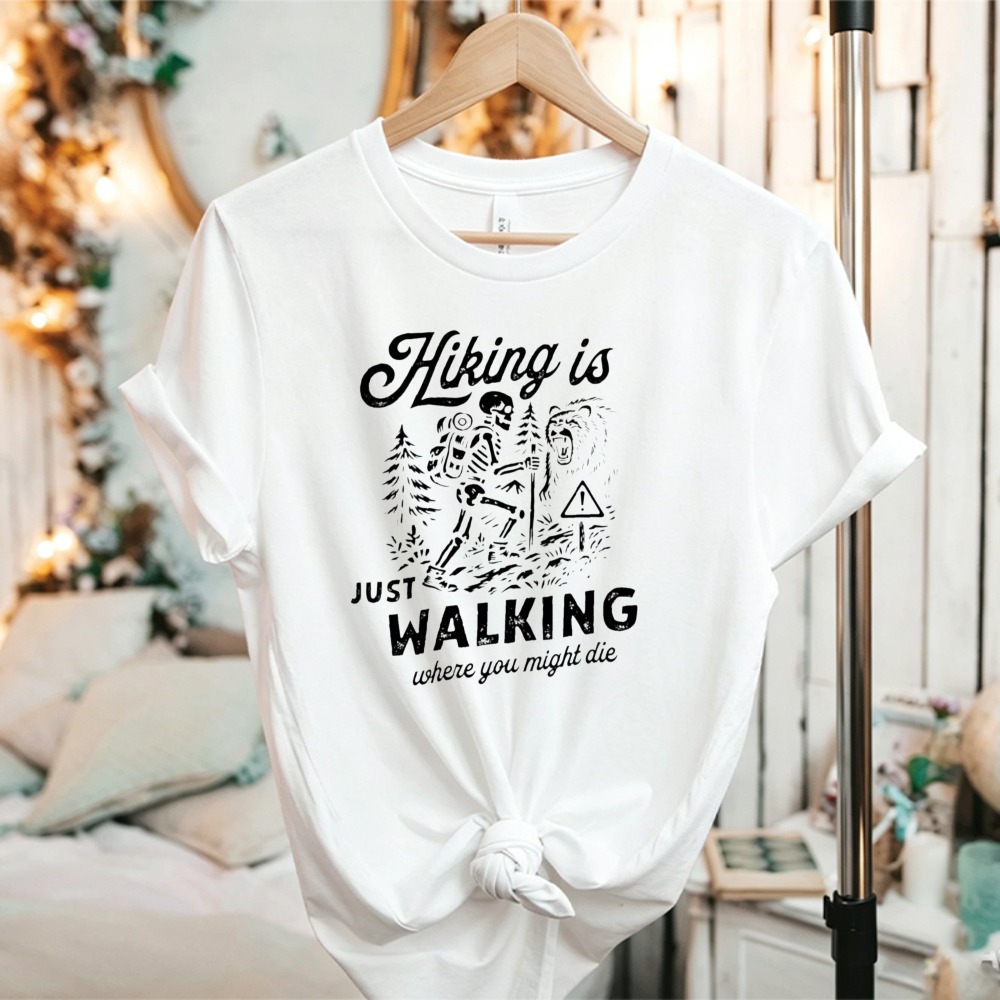 秋の女性用面白いスケルトンベアハイキング引用柄コットンTシャ - Outdoor Adventure Quotes Short のレビューと価格