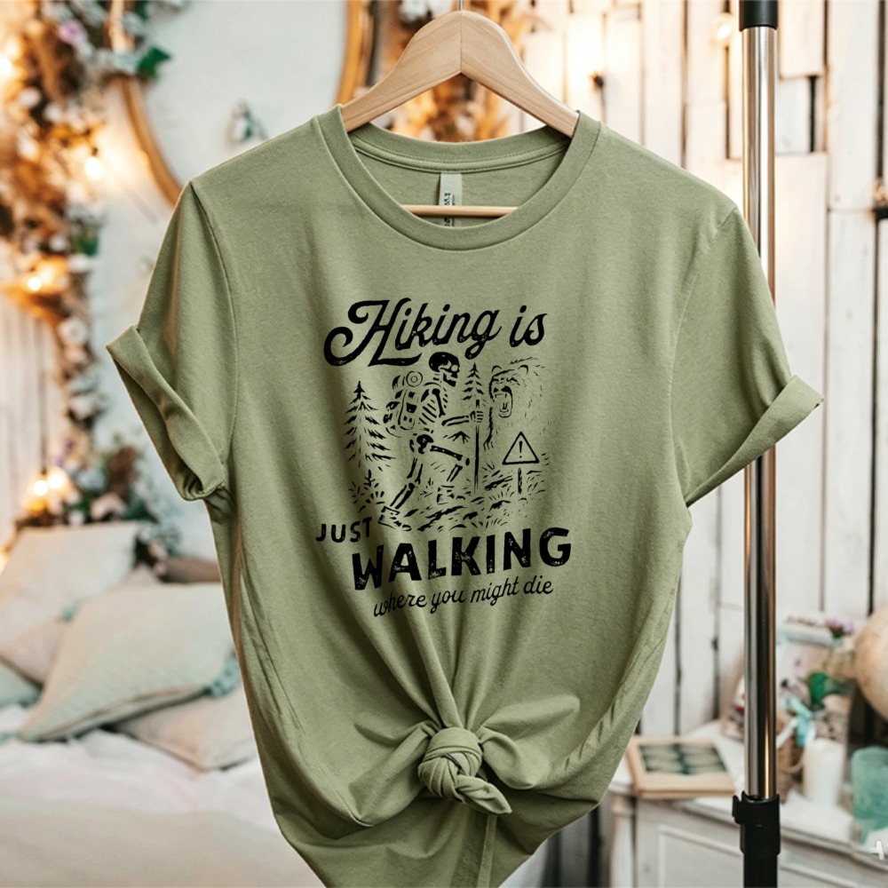 秋の女性用面白いスケルトンベアハイキング引用柄コットンTシャ - Outdoor Adventure Quotes Short のレビューと価格
